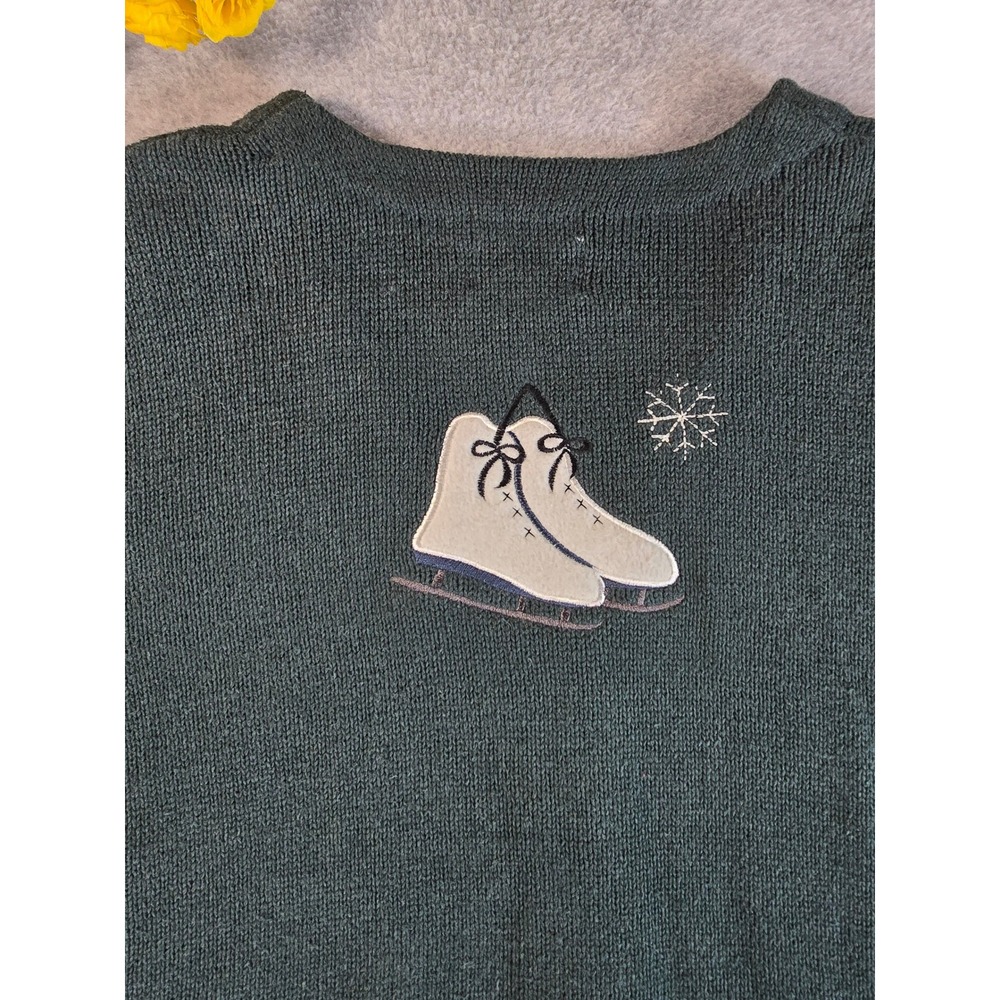 Vtg Christopher & Banks Green Ice Skating Cats Cardigan Sweater Embroidered M - Picture 12 of 13